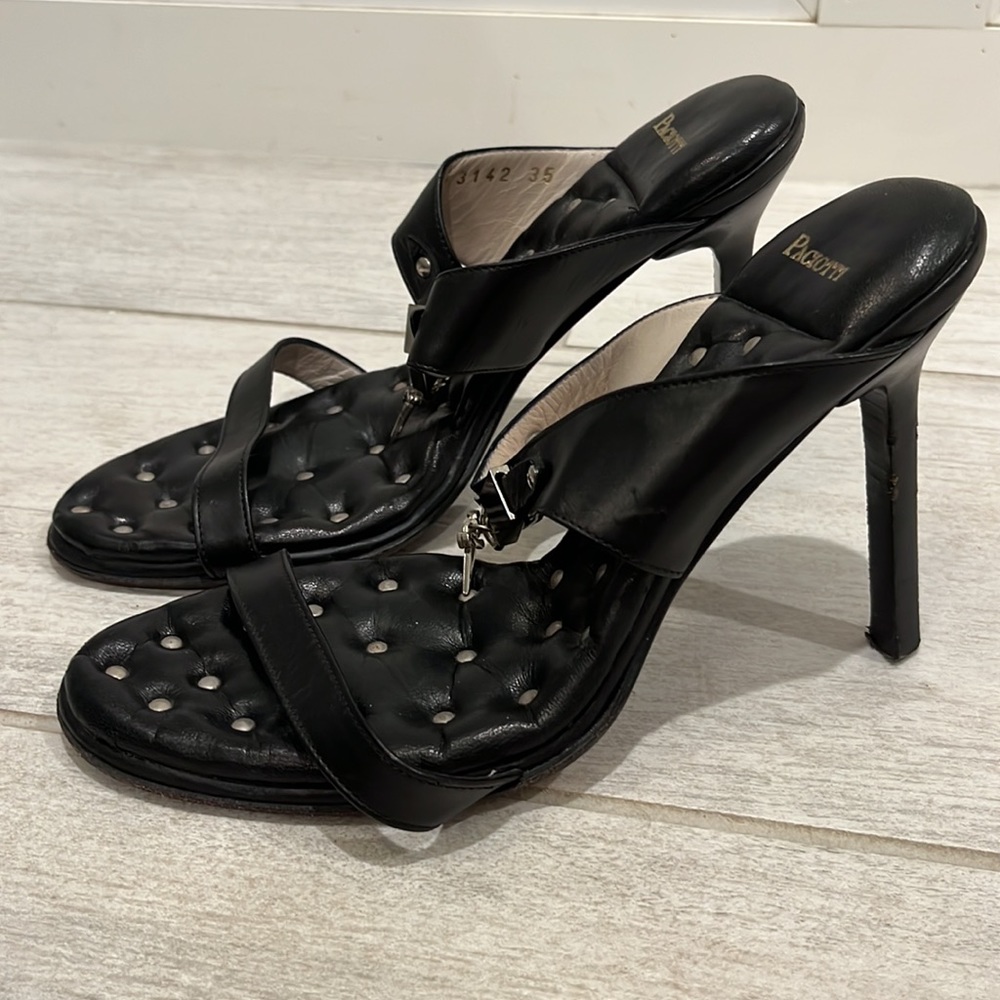Cesare Paciotti Black Leather 2 Strap Stiletto Heels with Silver Dagger Charm